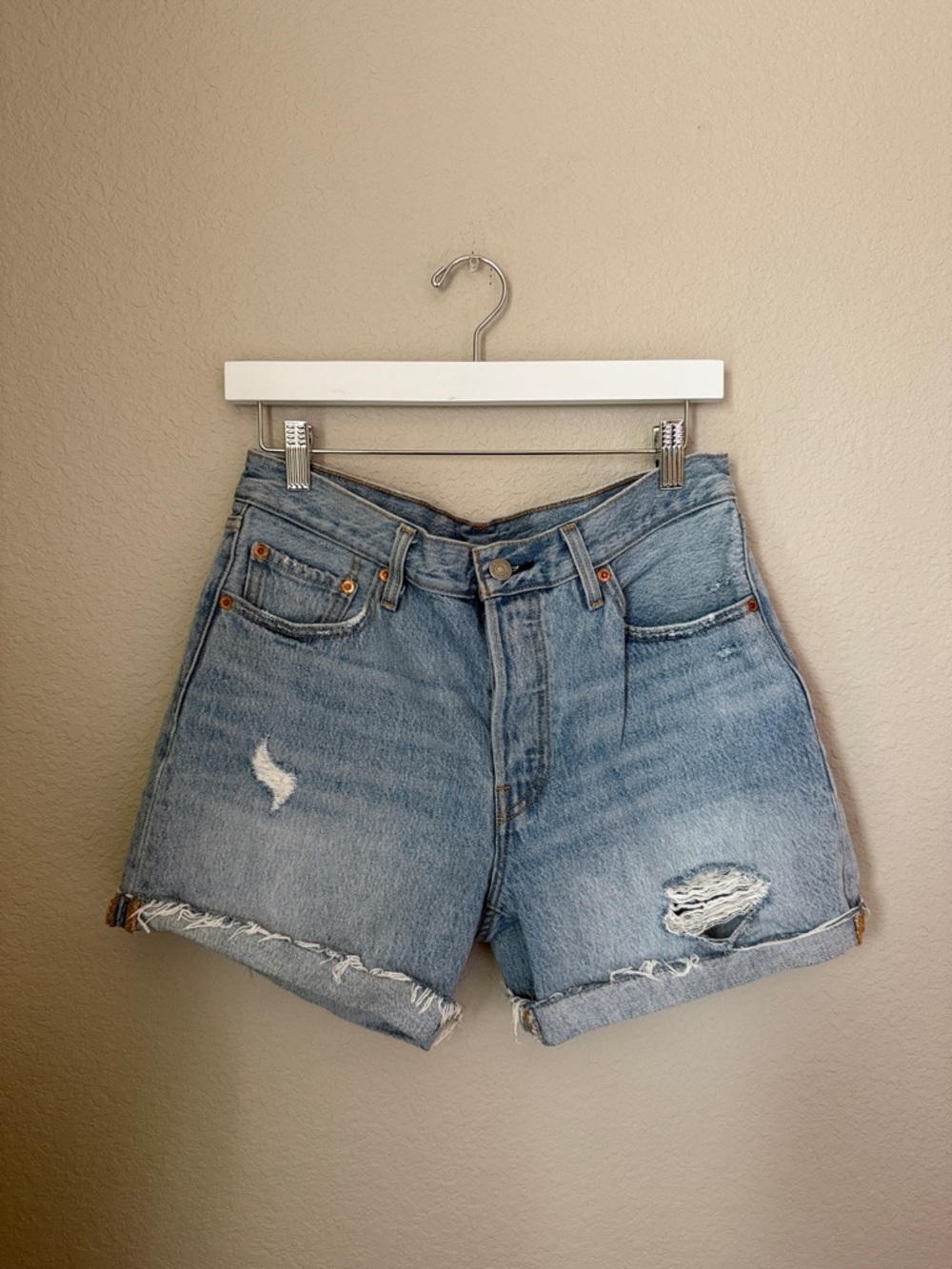 Levi’s 501 Light Blue Distressed Denim Shorts